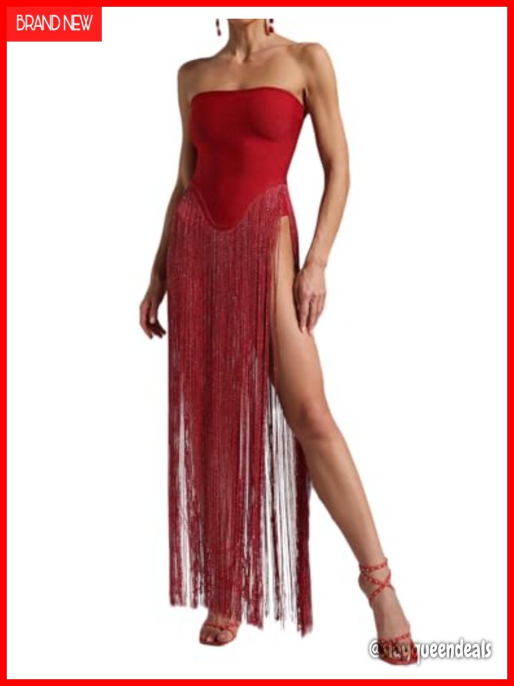 High Slit Fringe Strapless Bodycon Corset Maxi Evening Prom Dress